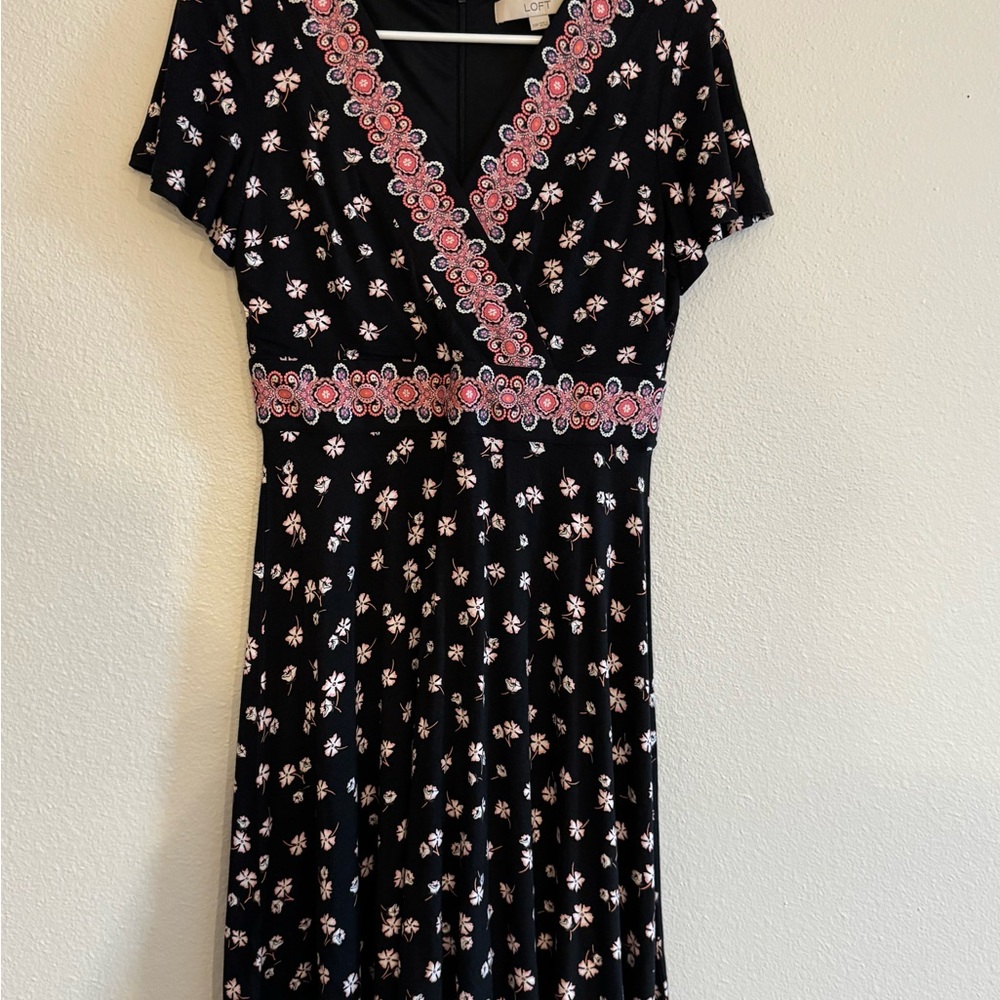 LOFT Black Midi Dress with Pink Floral Design